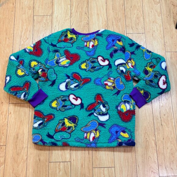 Disney Parks Donald Print Multi Color Sherpa Fleece Pullover Sweater Unisex Sz L - Picture 2 of 6